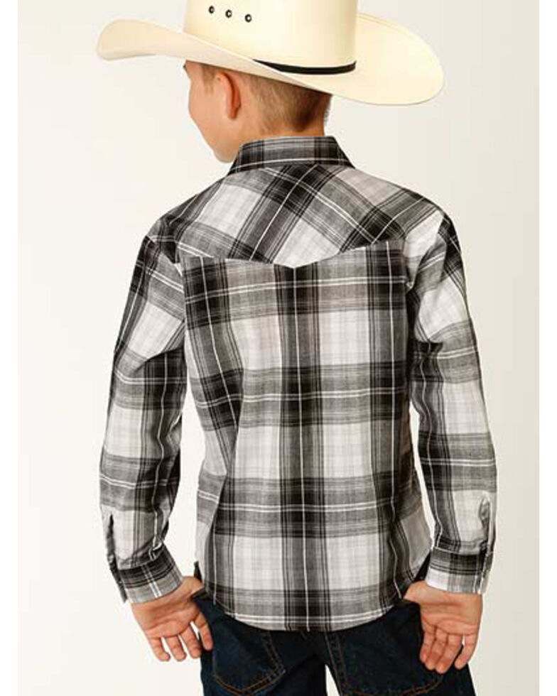 Roper Boys' Classic Black Plaid Long Sleeve Snap Western Shirt , Black, hi-res
