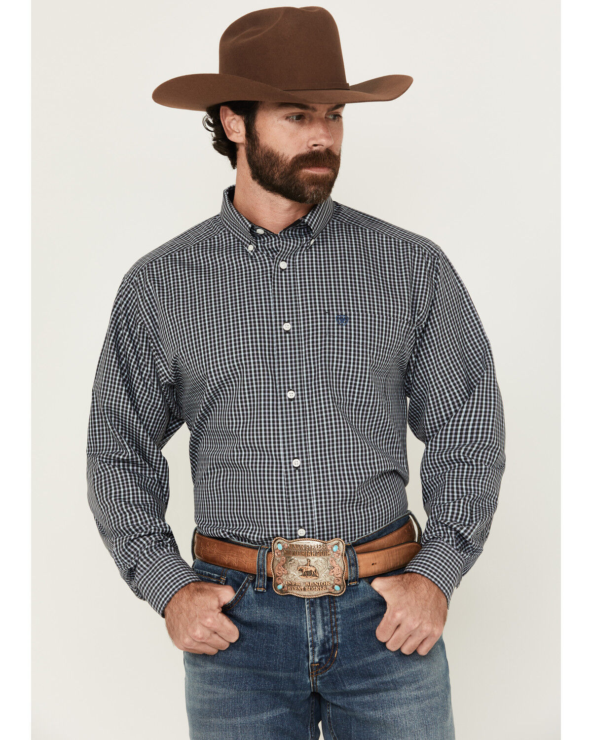 Image #1 - Ariat Men's Wrinkle Free Luther Checkered Print Long Sleeve Button-Down Western Shirt, Black, hi-res