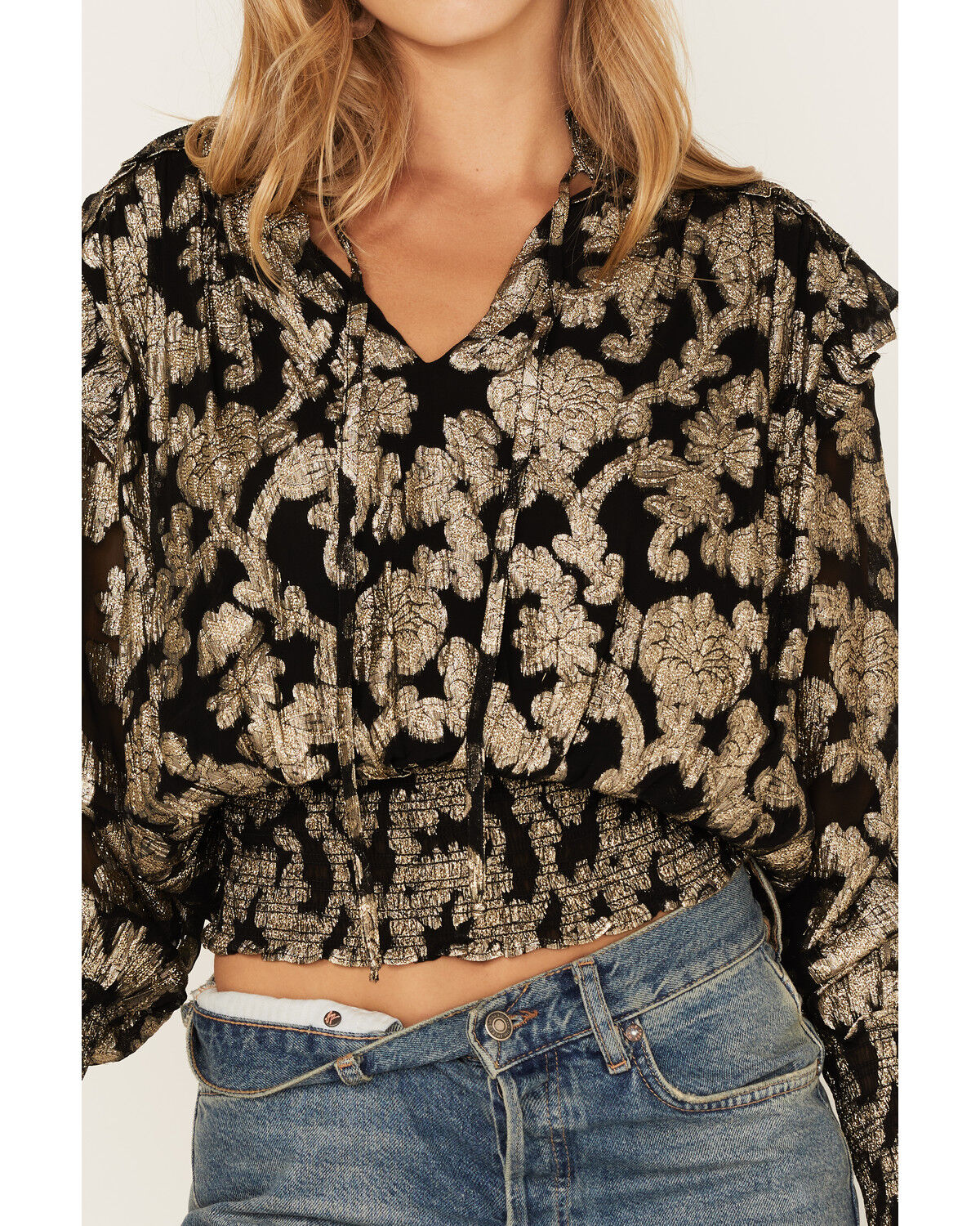 Image #3 - Revel Women's Floral Smocked Waist Top, Black, hi-res
