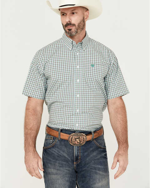Cinch Men's Plaid Print Short Sleeve Button-Down Western Shirt, Green, hi-res