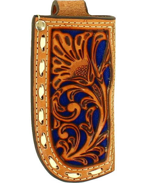 Image #1 - Nocona Floral Tooled Blue Inlay Leather Knife Sheath , Natural, hi-res