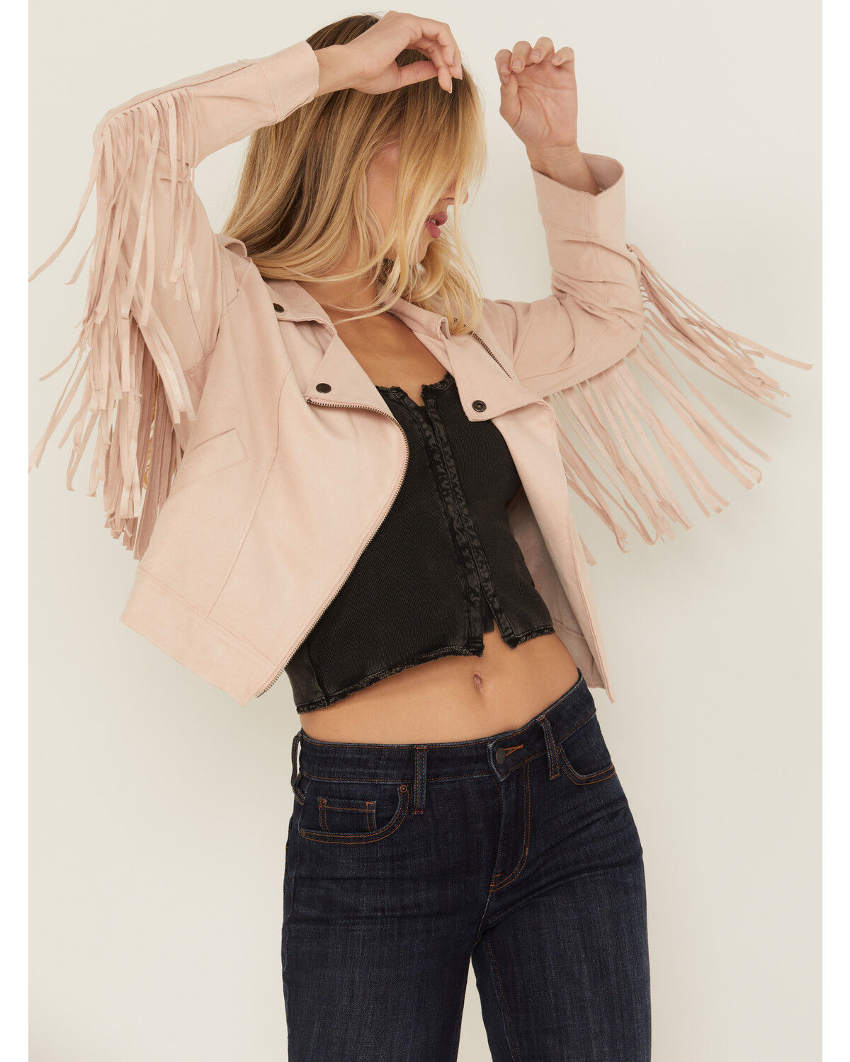 Image #2 - Idyllwind Women's Odessa Faux Suede Fringe Moto Jacket, Pink, hi-res