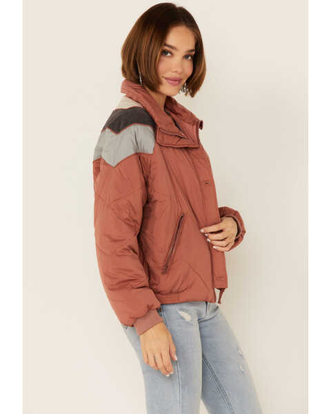 Wishlist Women's Brick Puff Chevron Color-Block Storm-Flap Jacket , Brick Red, hi-res
