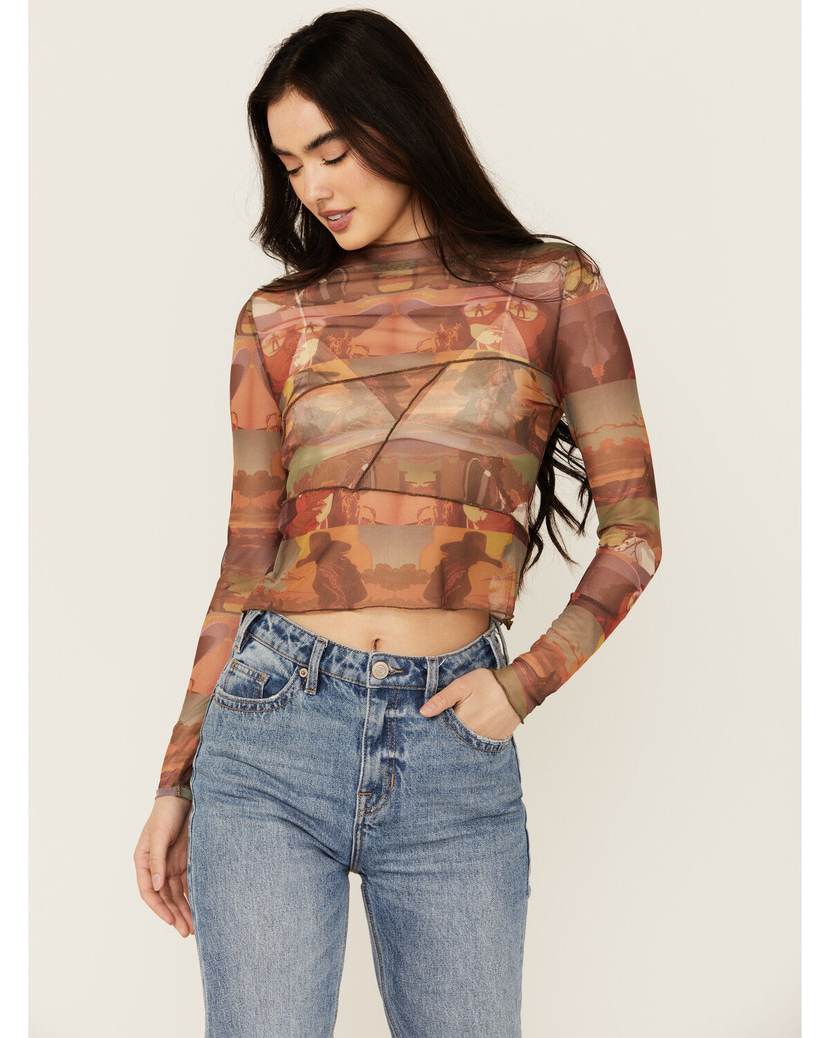 Image #1 - Rock & Roll Denim Women's Scenic Mesh Long Sleeve Top, Brown, hi-res