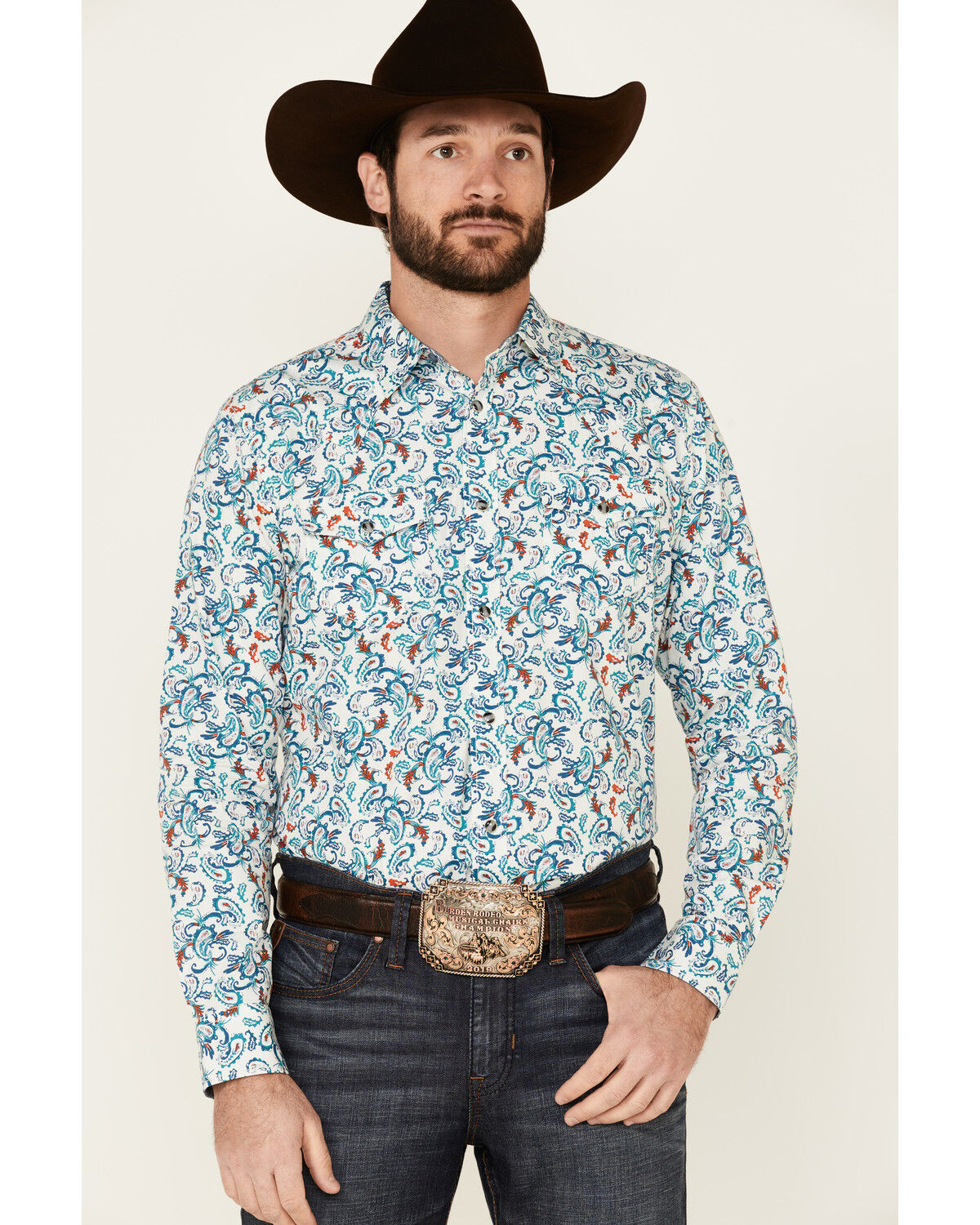 Image #1 - Cody James Men's City Lights Paisley Print Long Sleeve Snap Western Shirt, Ivory, hi-res