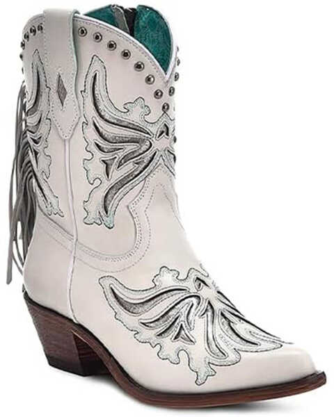 Corral Women's Fringe Inlay Ankle Western Boots - Pointed Toe, White, hi-res