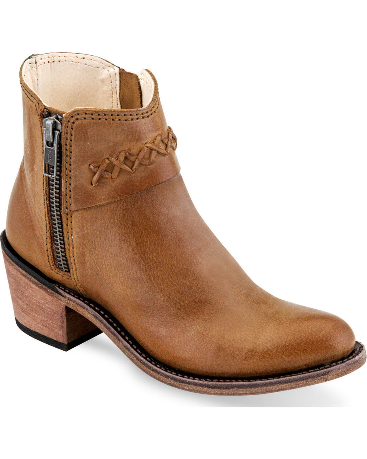 Image #1 - Old West Girls' Braided Stitch Short Boots - Round Toe, Tan, hi-res