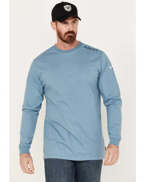 Image #1 - Ariat Men's FR Raising The Flag Long Sleeve Work T-Shirt, Steel Blue, hi-res