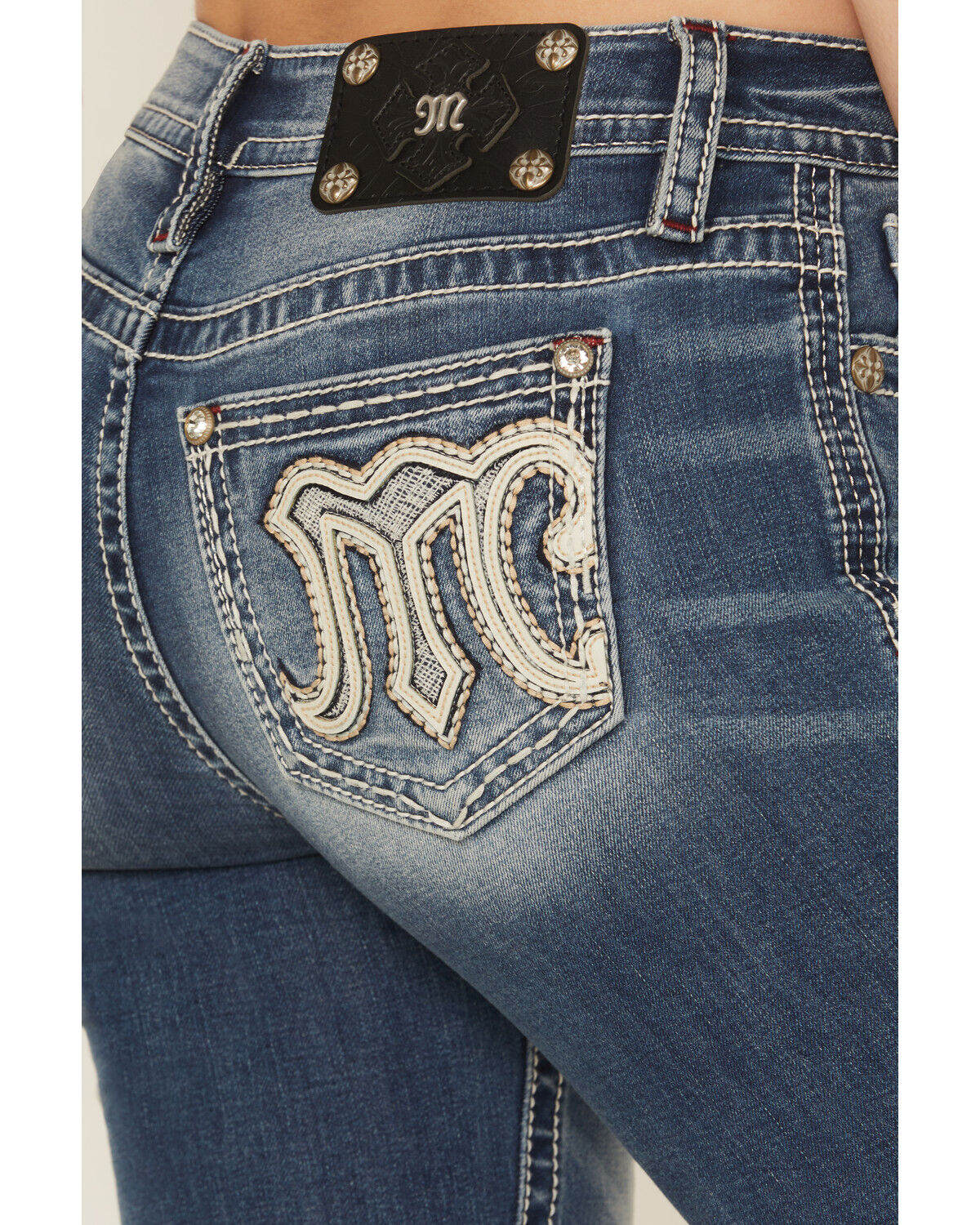 Image #2 - Miss Me Women's Medium Wash Mid Rise Embroidered Bootcut Stretch Denim Jeans, Medium Wash, hi-res