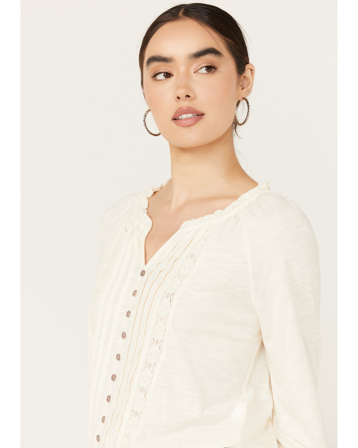 Image #2 - Jolt Women's Egret Lace Trim Button Down Long Sleeve Top, Cream, hi-res