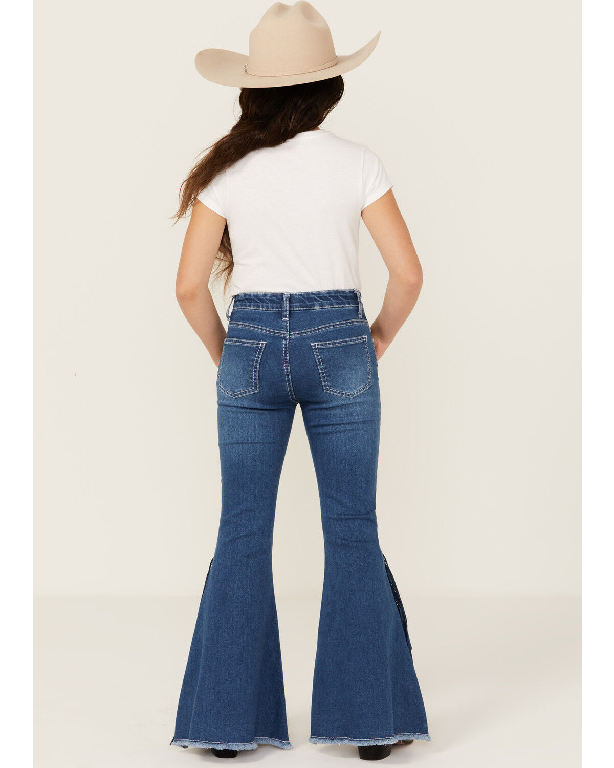 Image #4 - Cowgirl Hardware Girls' Fringe Bell Bottom Stretch Denim Jeans, , hi-res