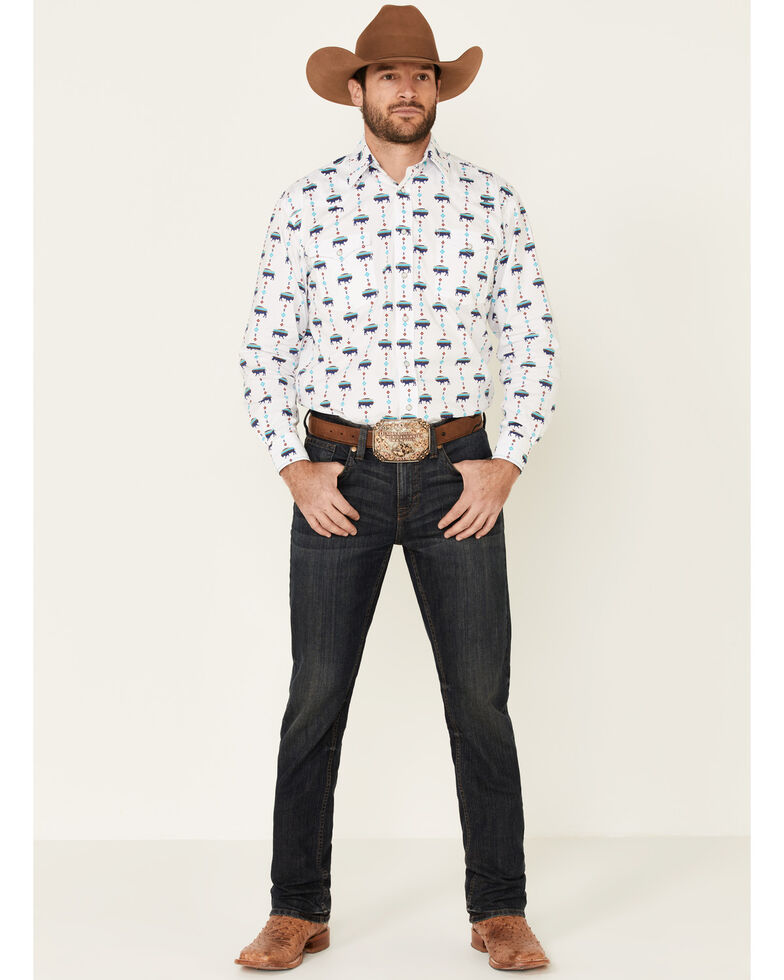 Rough Stock By Panhandle Men's White Buffalo Print Long Sleeve Western Shirt , Multi, hi-res