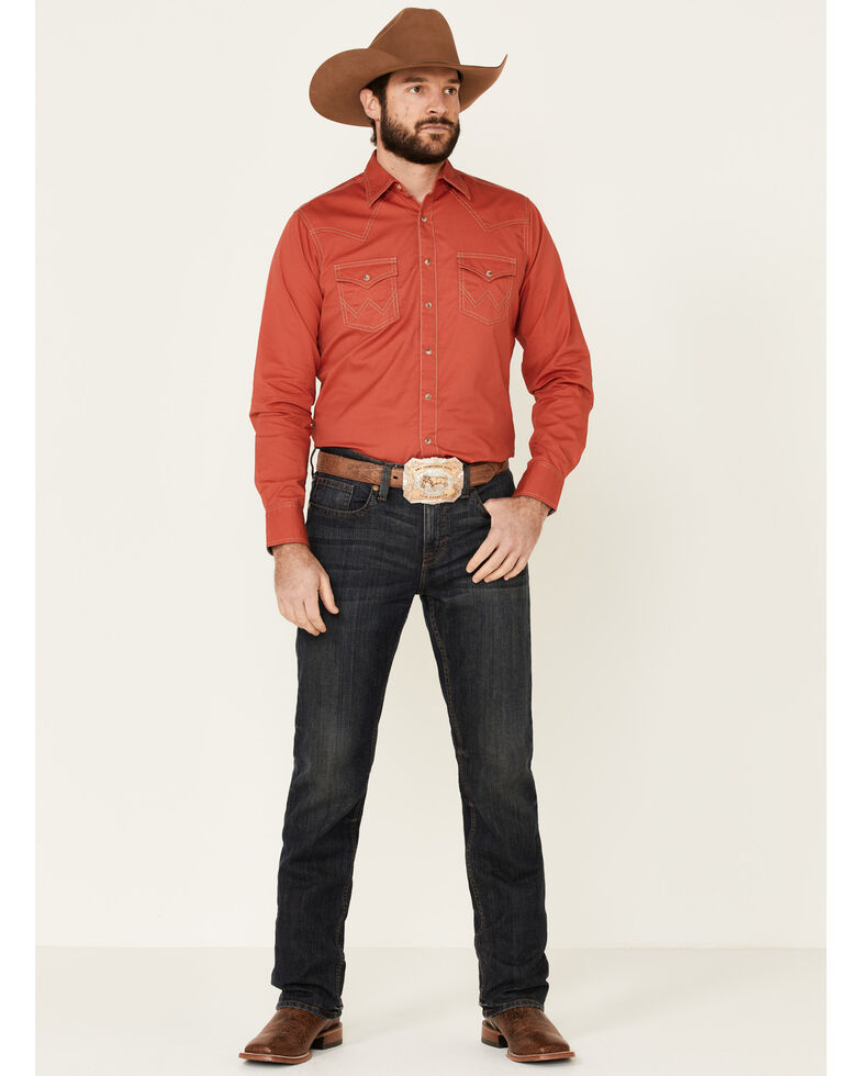 Wrangler Retro Premium Men's Red Solid Long Sleeve Western Shirt , Red, hi-res