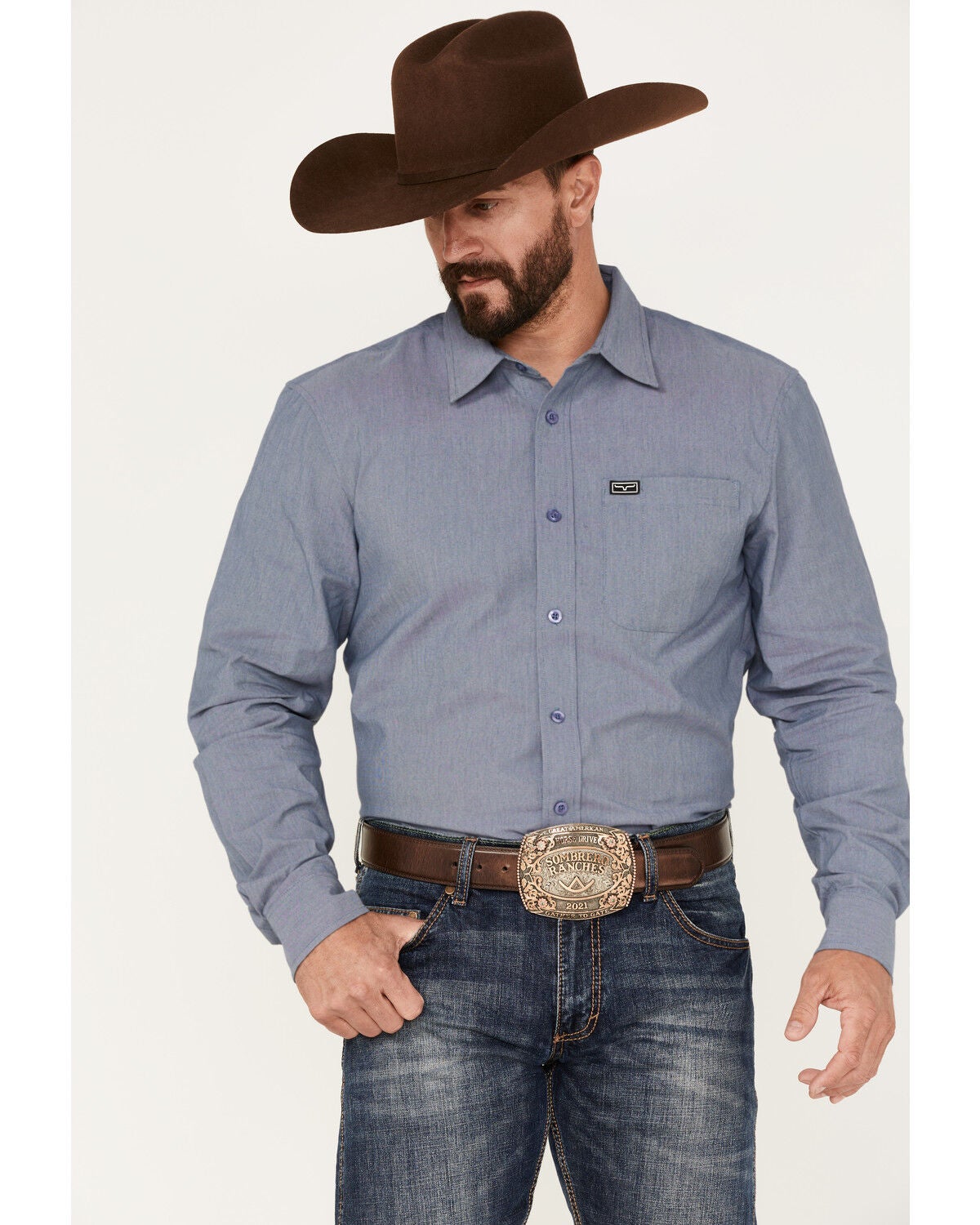 Kimes Ranch Men's Solid Linville Coolmax Button Down Western Shirt, Navy, hi-res