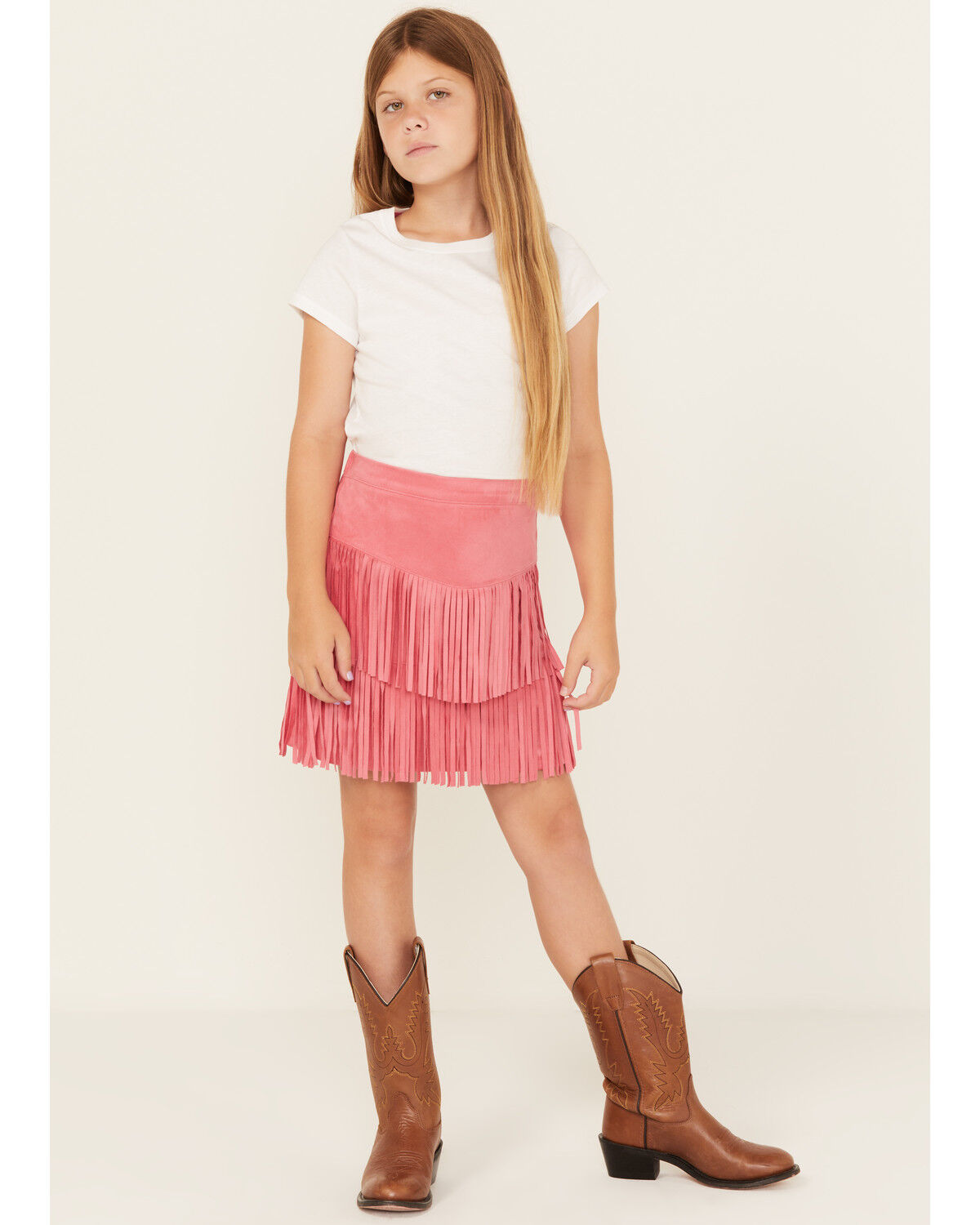 Image #1 - Shyanne Girls' Faux Suede Fringe Skirt, Hot Pink, hi-res
