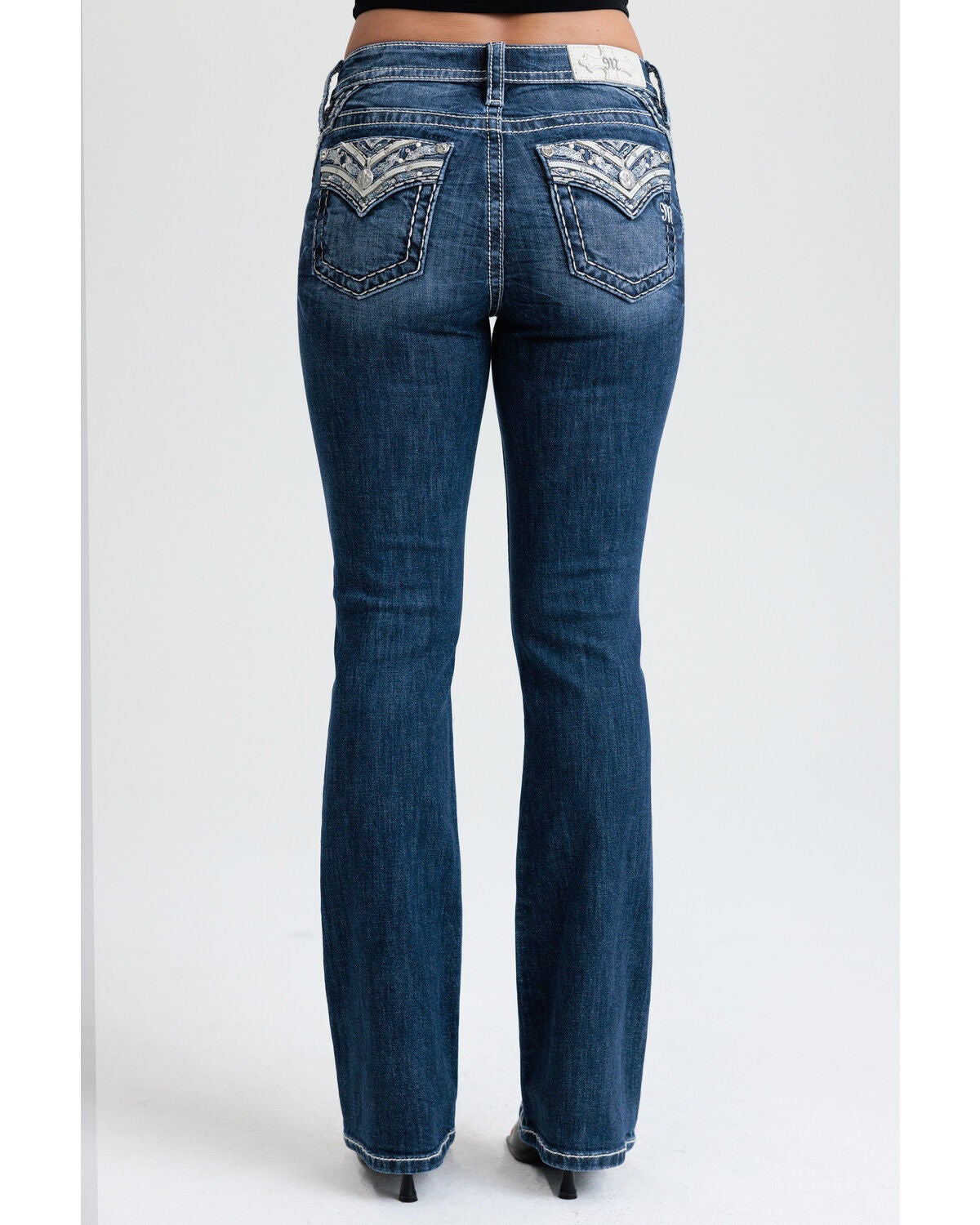 Miss Me Women's Dark Wash Geo Border Pocket Bootcut Denim Jeans, Dark Wash, hi-res