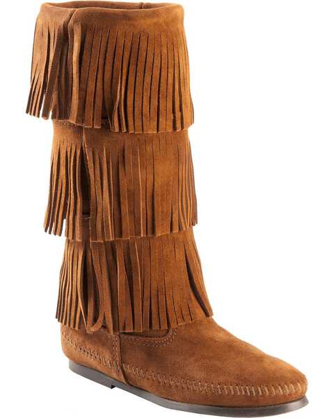 Minnetonka Women's Tall Fringed Boots, Brown, hi-res