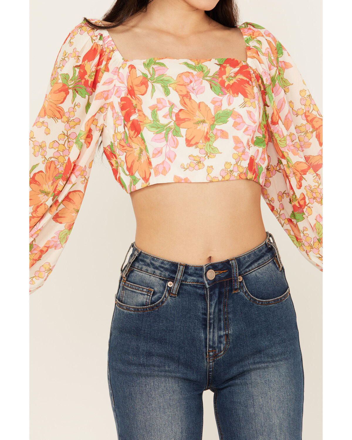 Image #3 - Flying Tomato Women's Floral Long Sleeve Crop Top, White, hi-res