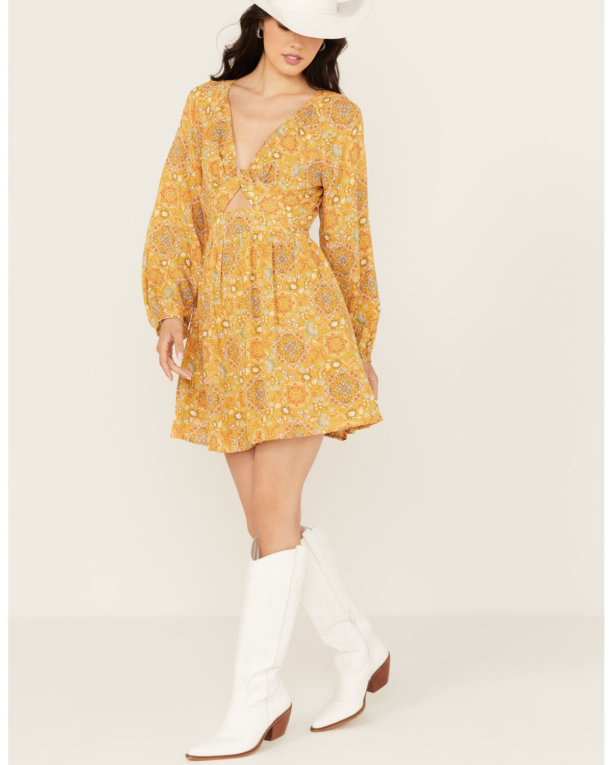 Image #1 - En Creme Women's Medallion Print Cut Out Long Sleeve Mini Dress, Mustard, hi-res