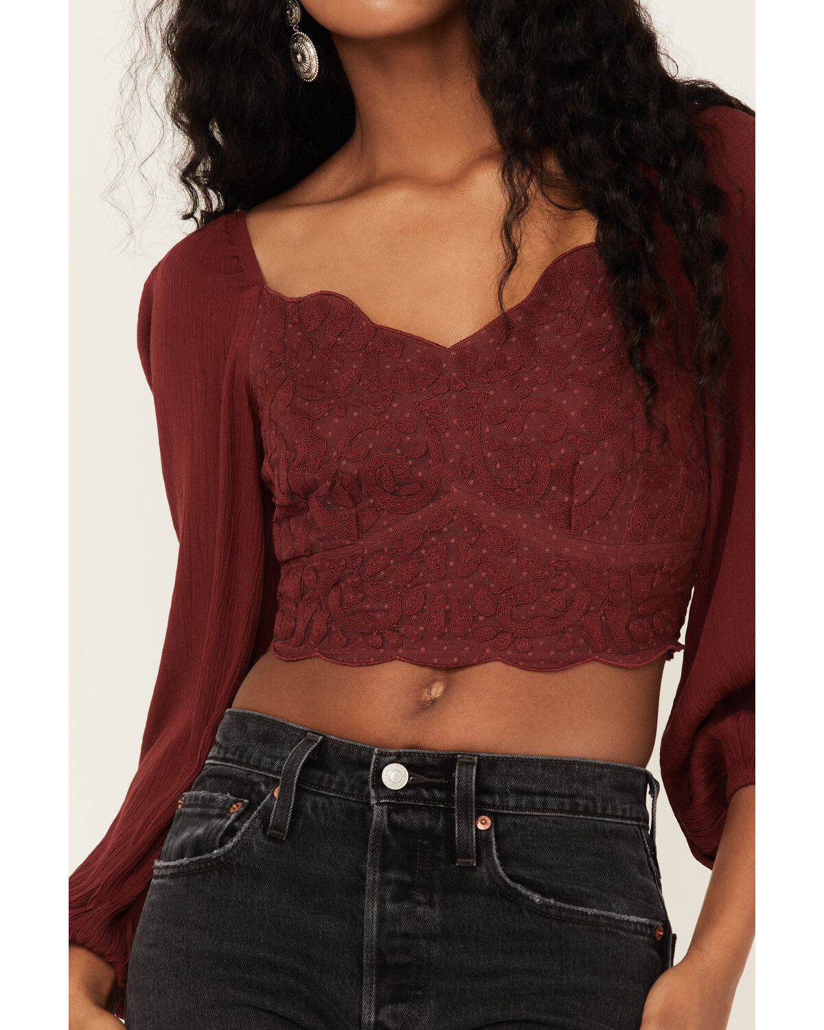 Image #3 - Shyanne Women's Embroidered Mesh Dot Poet Sleeve Crop Top, Wine, hi-res