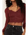 Image #3 - Shyanne Women's Embroidered Mesh Dot Poet Sleeve Crop Top, Wine, hi-res