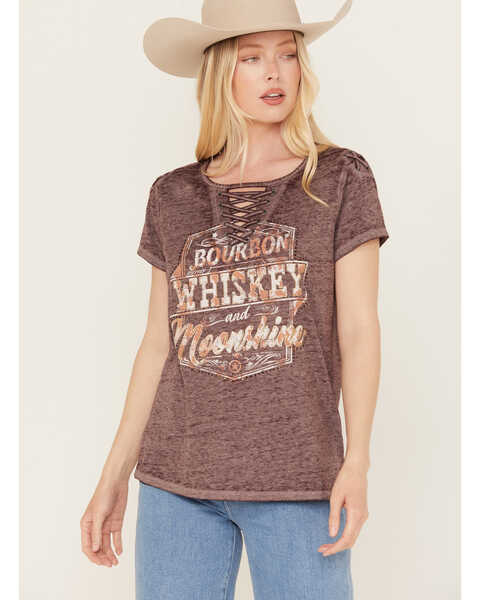 Blended Women's Whiskey Lace-Up Graphic Tee, Burgundy, hi-res