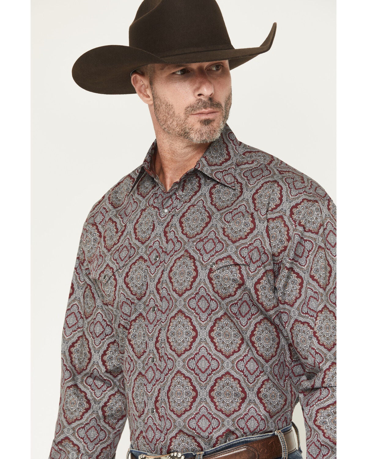 Image #2 - Stetson Men's Medallion Print Long Sleeve Snap Western Shirt, Wine, hi-res