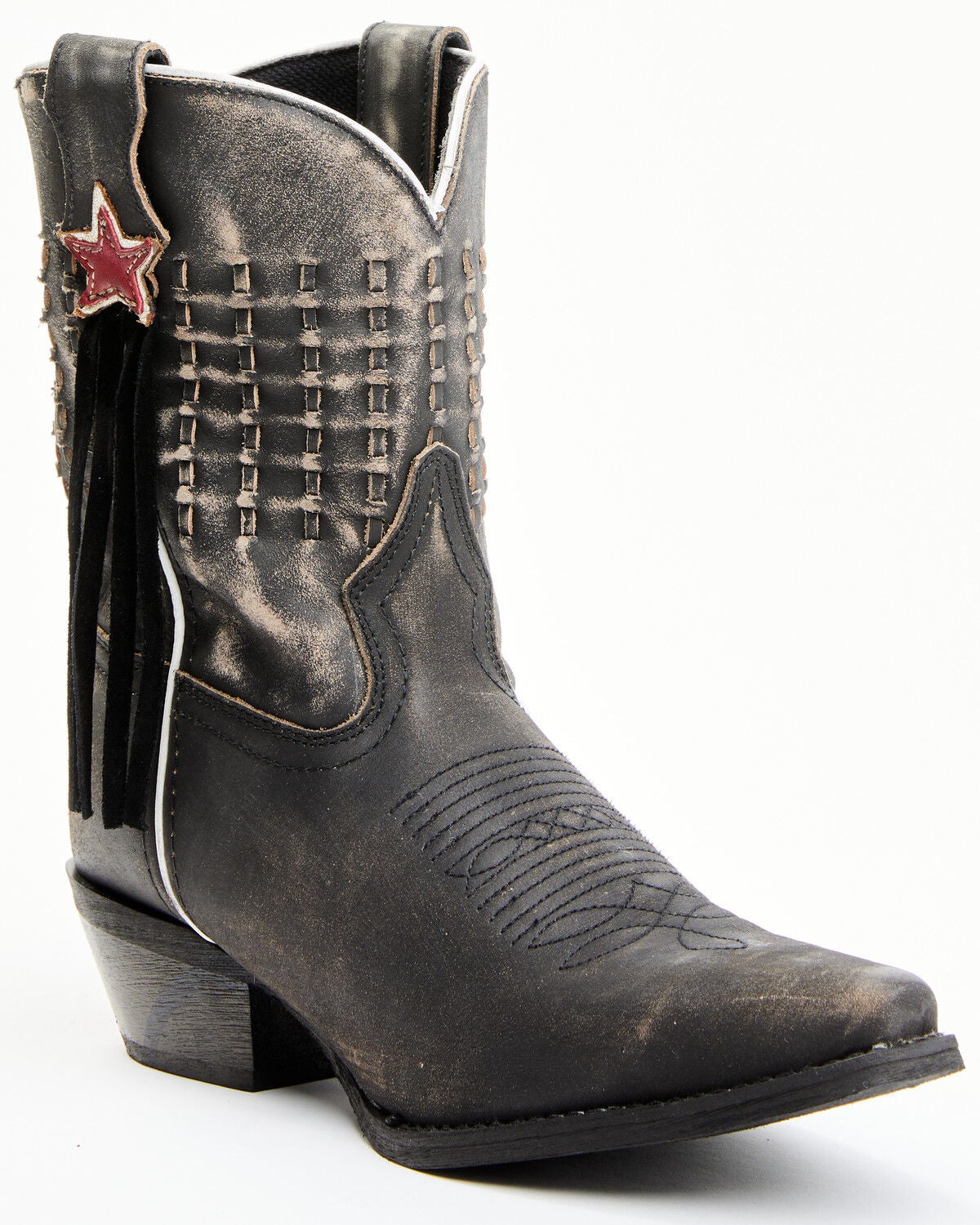 Laredo Women's Black Distressed Fringe Western Boots - Snip Toe, Black, hi-res