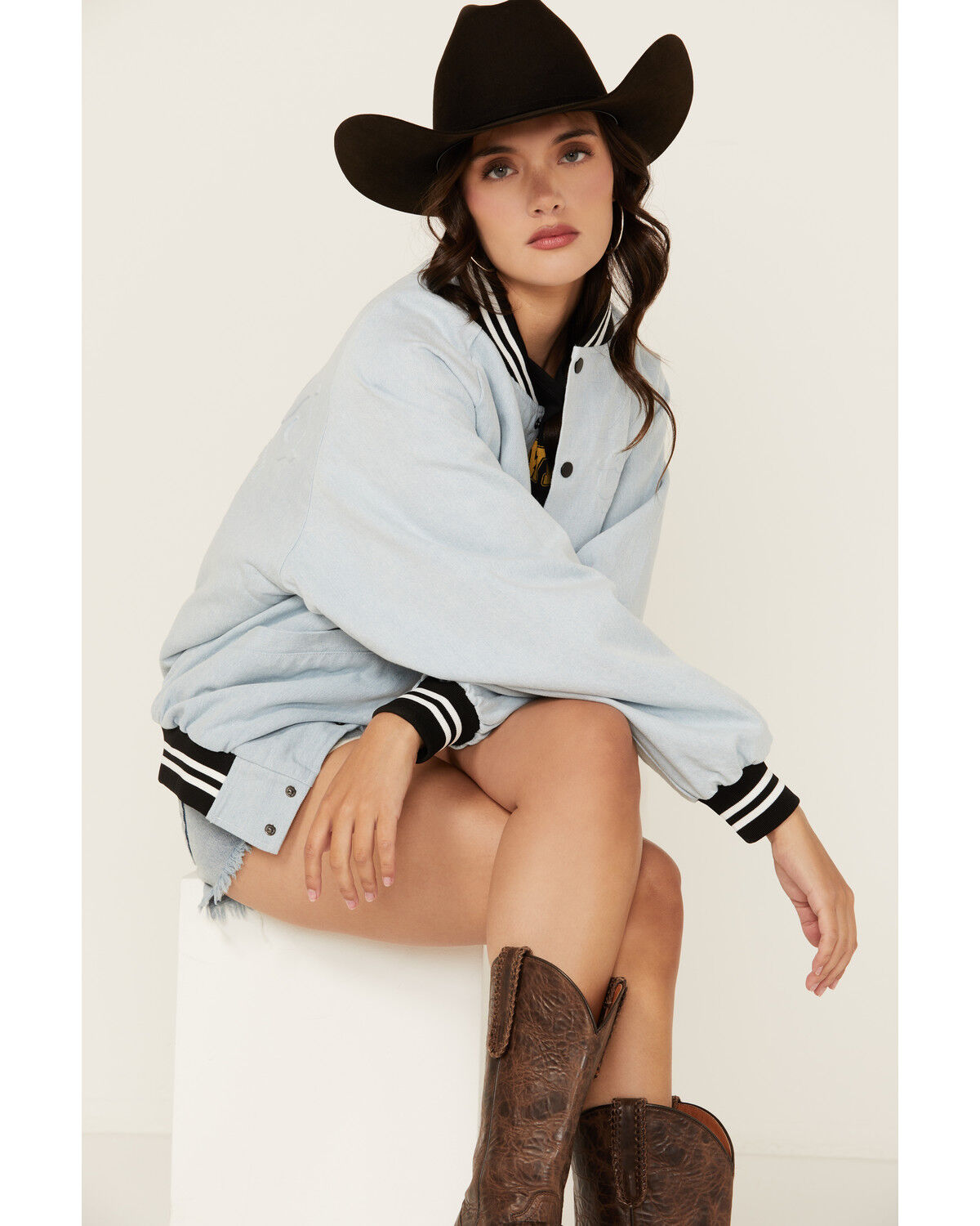 Image #1 - The Laundry Room Women's Denim Coors Ghost Stadium Bomber Jacket, Light Wash, hi-res