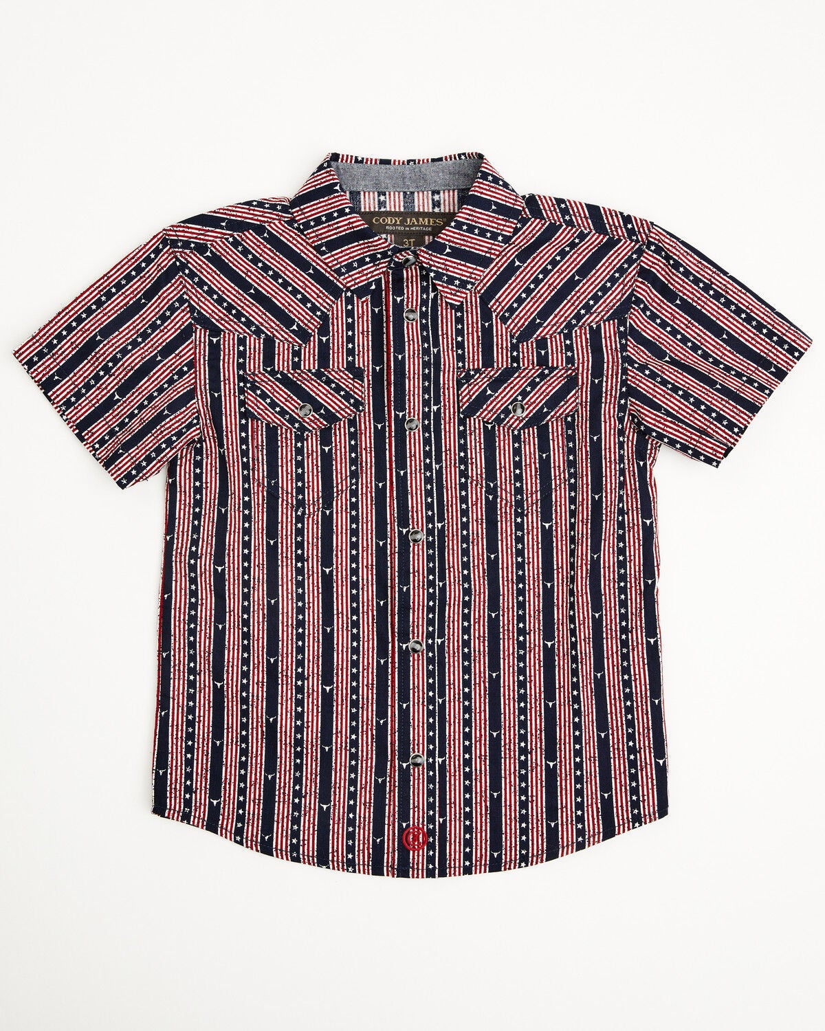 Cody James Toddler Boys' Steer Head Stars & Stripes Short Sleeve Snap Western Shirt, Navy, hi-res