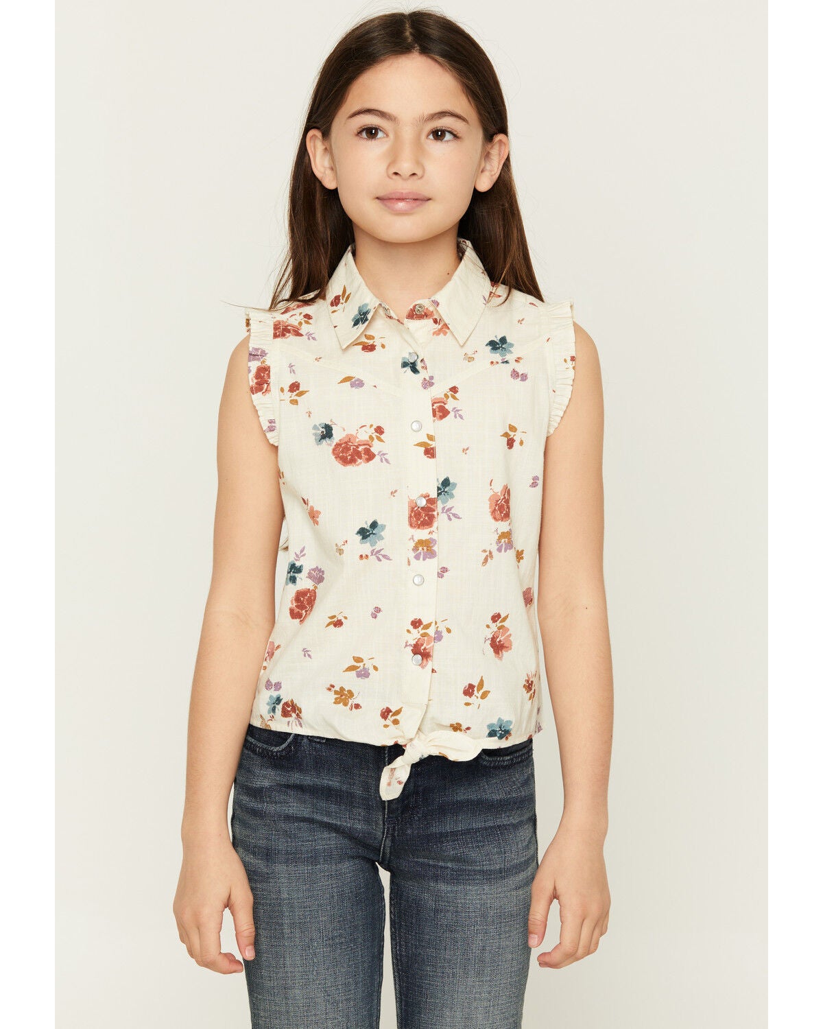 Shyanne Girls' Floral Print Sleeveless Snap Western Shirt, Oatmeal, hi-res