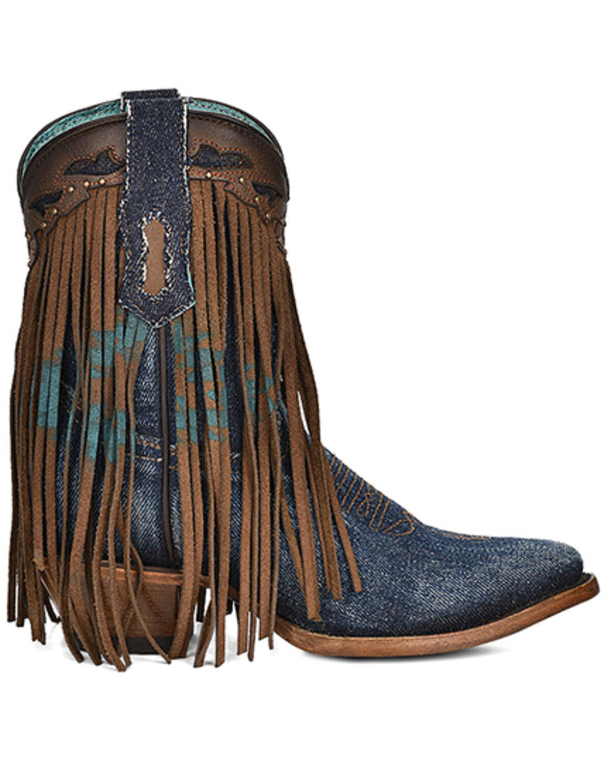 Image #2 - Corral Women's Denim Overlay Fringe Ankle Booties - Snip Toe, Brown, hi-res