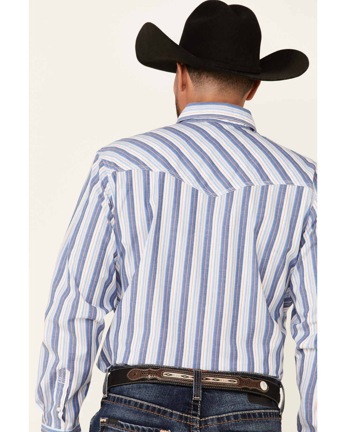 Image #4 - Wrangler 20X Men's Striped Long Sleeve Snap Western Shirt, Blue, hi-res