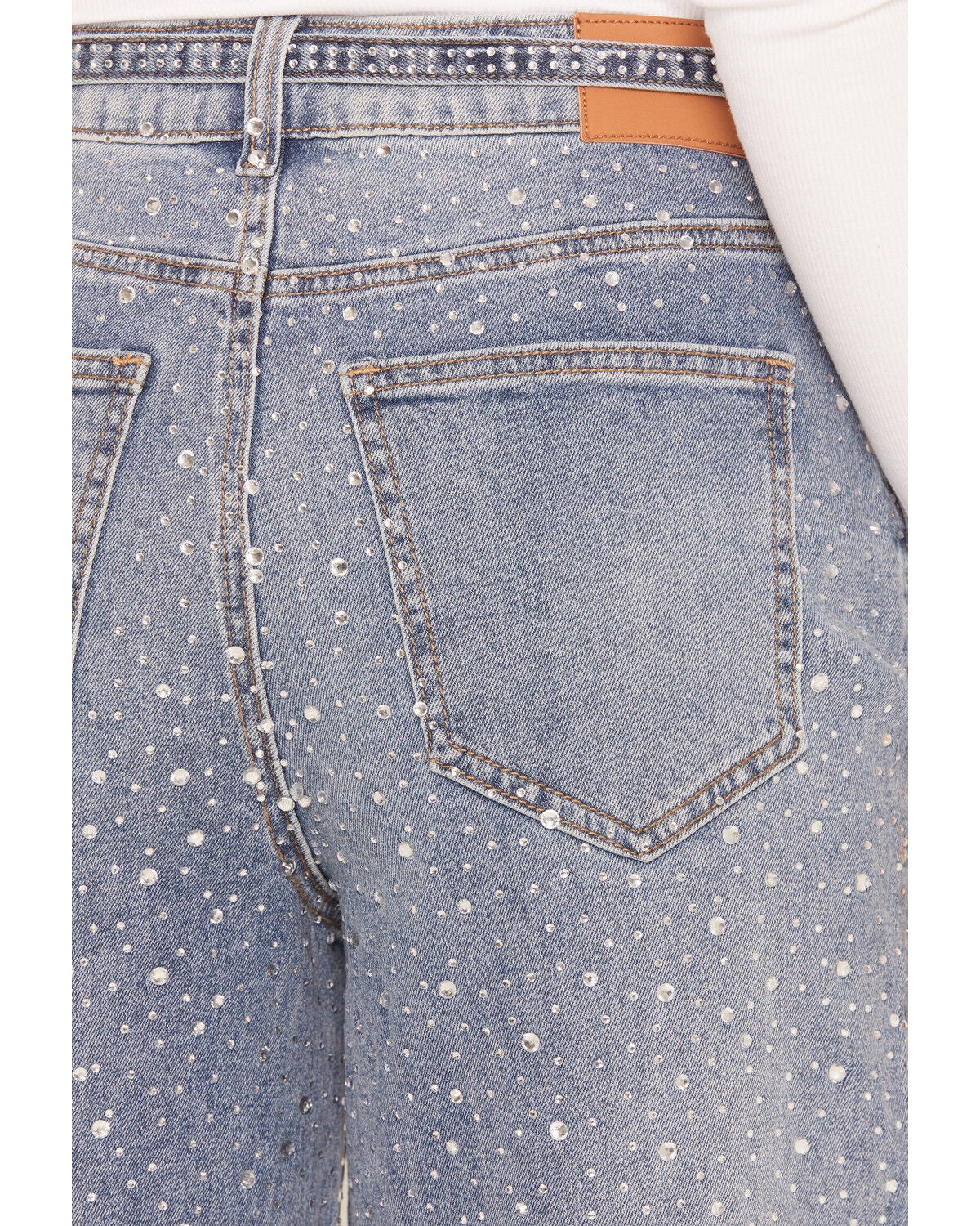 Image #4 - Cello Women's Medium Wash High Rise Rhinestone Embellished Wide Stretch Denim Jeans, Medium Wash, hi-res