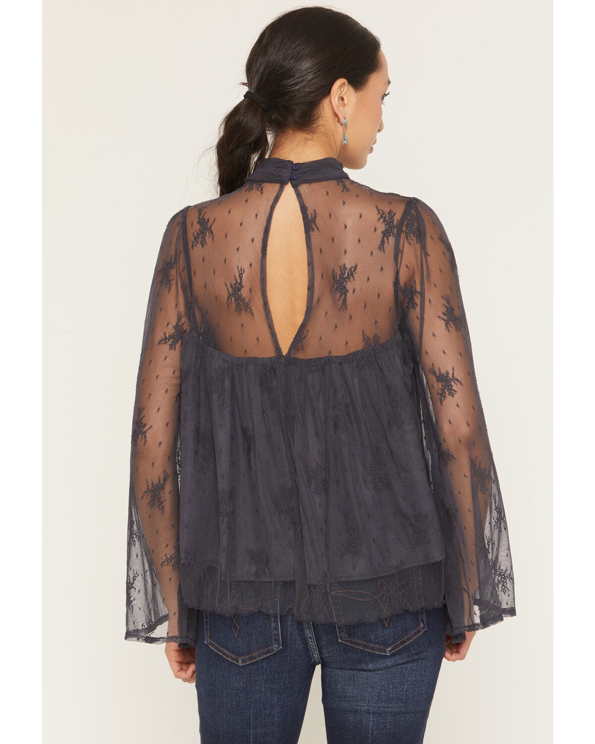 Image #4 - By Together Women's Mock Neck Lace Long Sleeve Top, Navy, hi-res