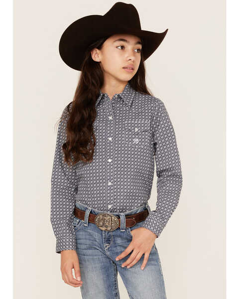 Roper Girls' Amarillo Floral Print Long Sleeve Western Snap Shirt, Blue, hi-res