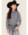 Image #1 - Roper Girls' Amarillo Floral Print Long Sleeve Western Pearl Snap Shirt, Blue, hi-res