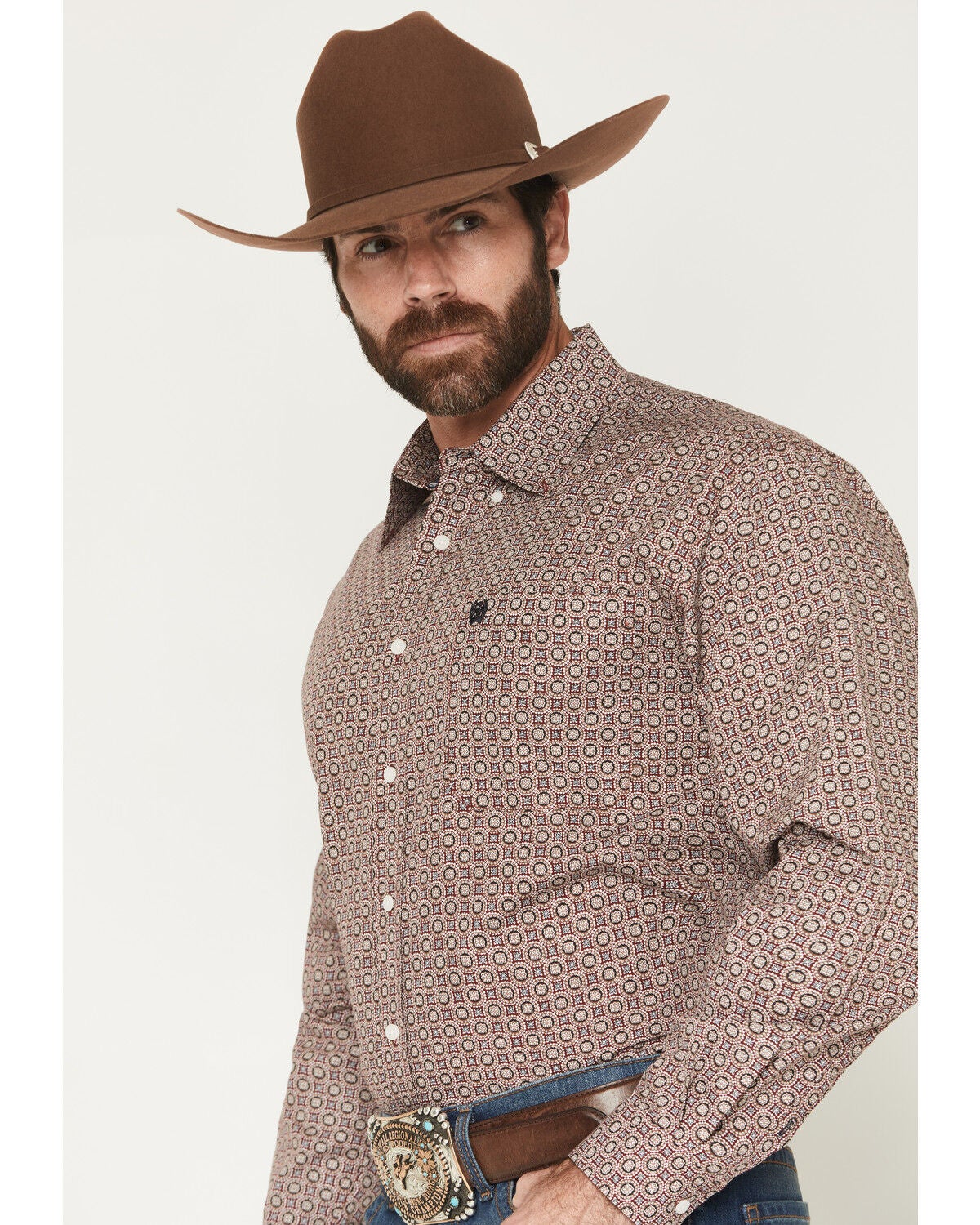 Image #2 - Cinch Men's Medallion Print Long Sleeve Button-Down Western Shirt, Burgundy, hi-res