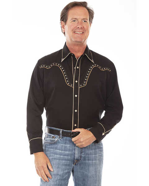 Scully Men's Black Diamond Embroidered Long Sleeve Western Shirt , Black/white, hi-res