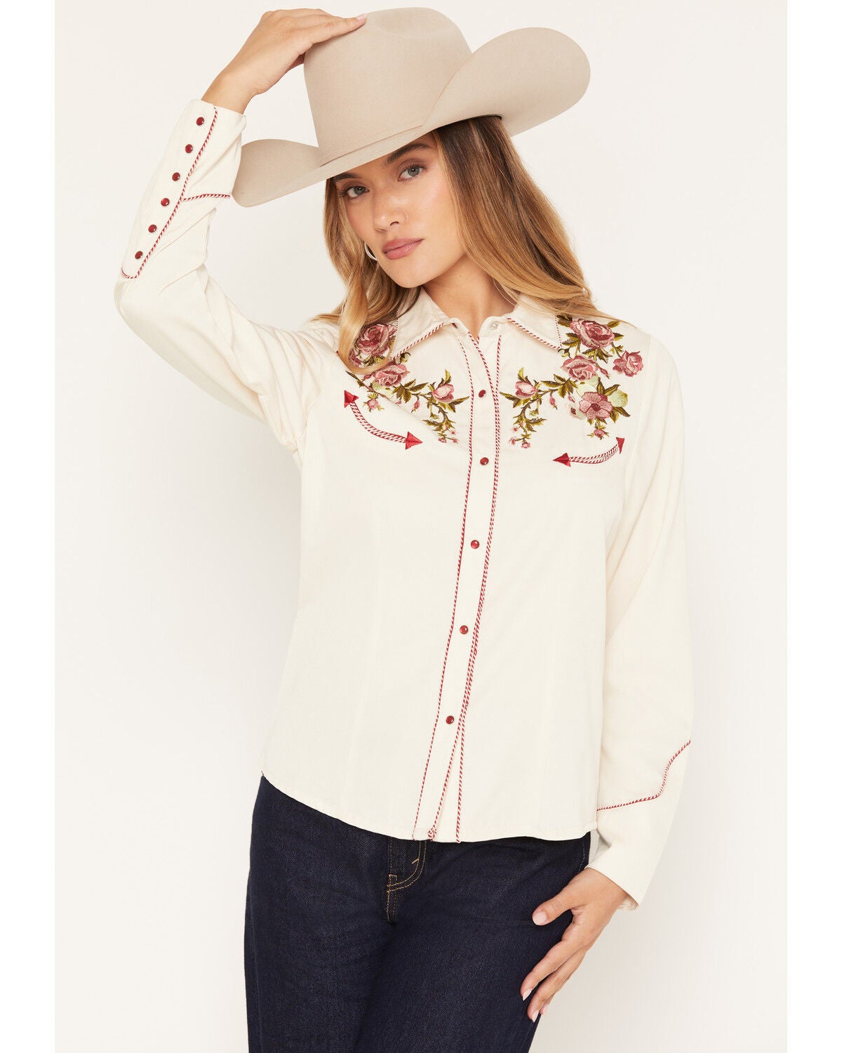 Scully Women's Rose Embroidered Long Sleeve Pearl Snap Western Shirt, Cream, hi-res