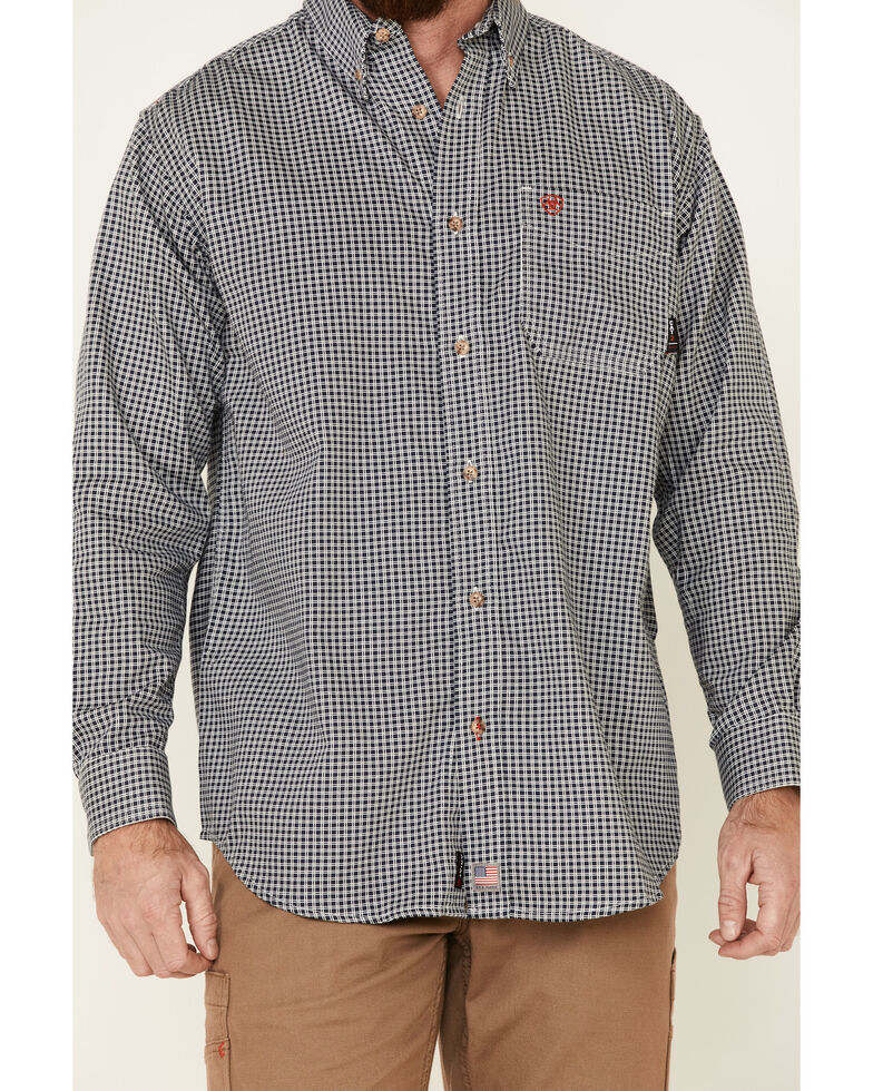 Ariat Men's Flame-Resistant Navy Check Long Sleeve Work Shirt, Blue, hi-res