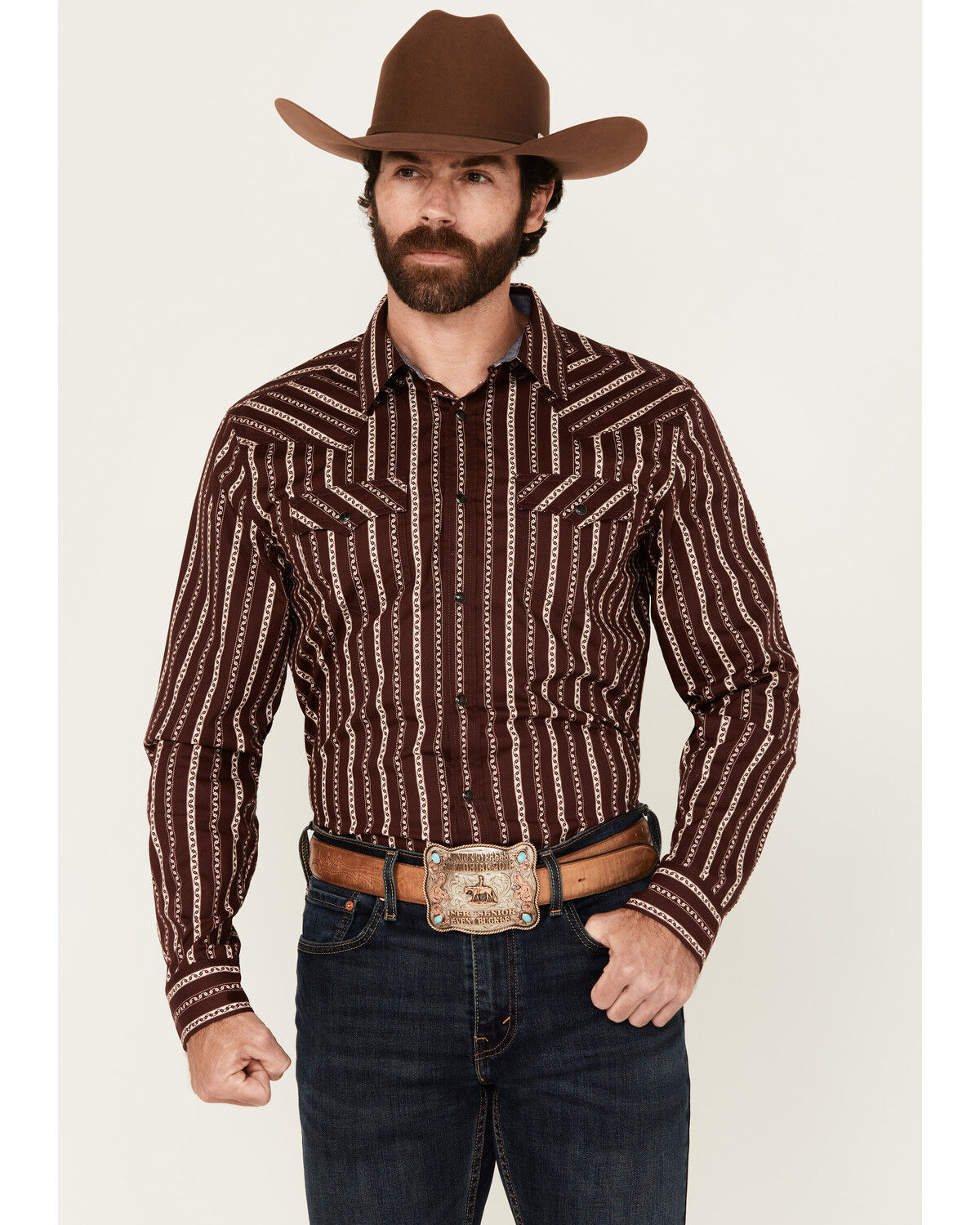 Image #1 - Cody James Men's Hansen Vertical Striped Wallpaper Print Long Sleeve Snap Western Shirt, Burgundy, hi-res