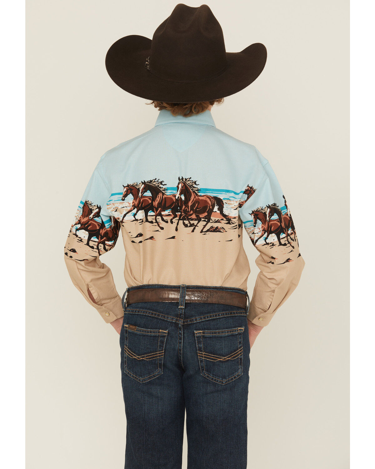 Image #4 - Panhandle Slim Boys' Horses And Beach Border Long Sleeve Snap Western Shirt, Tan, hi-res