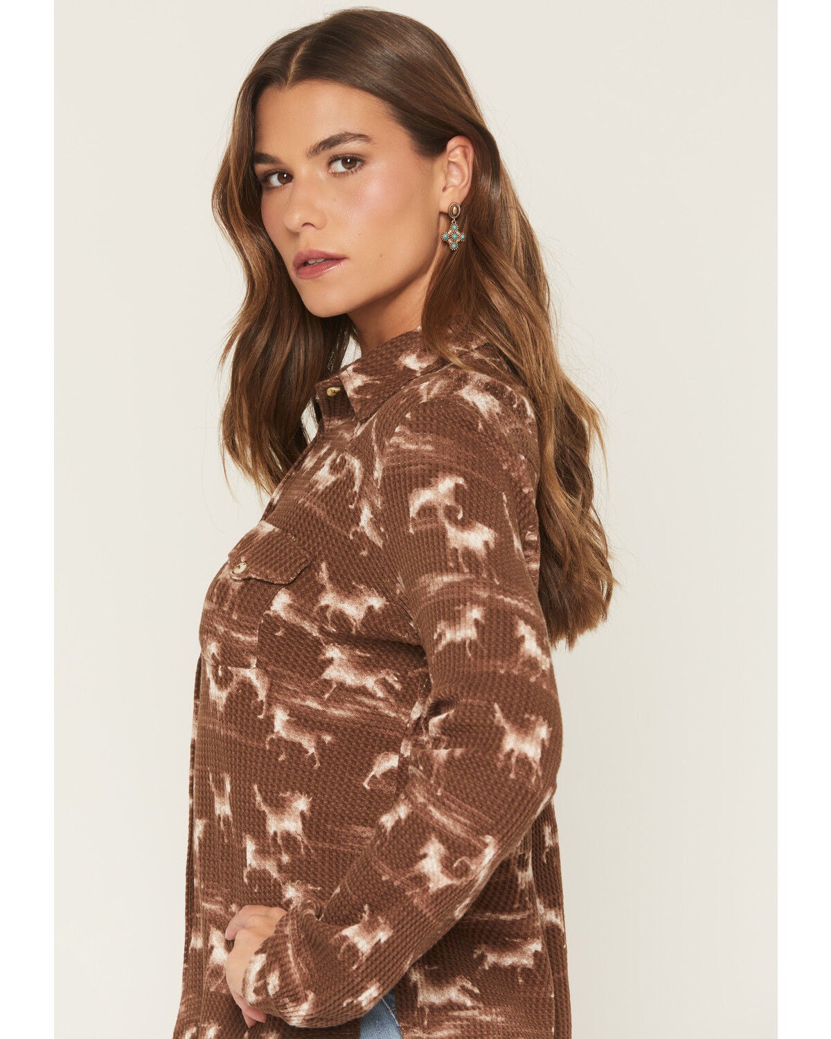 Image #2 - Wild Moss Women's Horse Print Long Sleeve Button-Down Western Shirt, Brown, hi-res