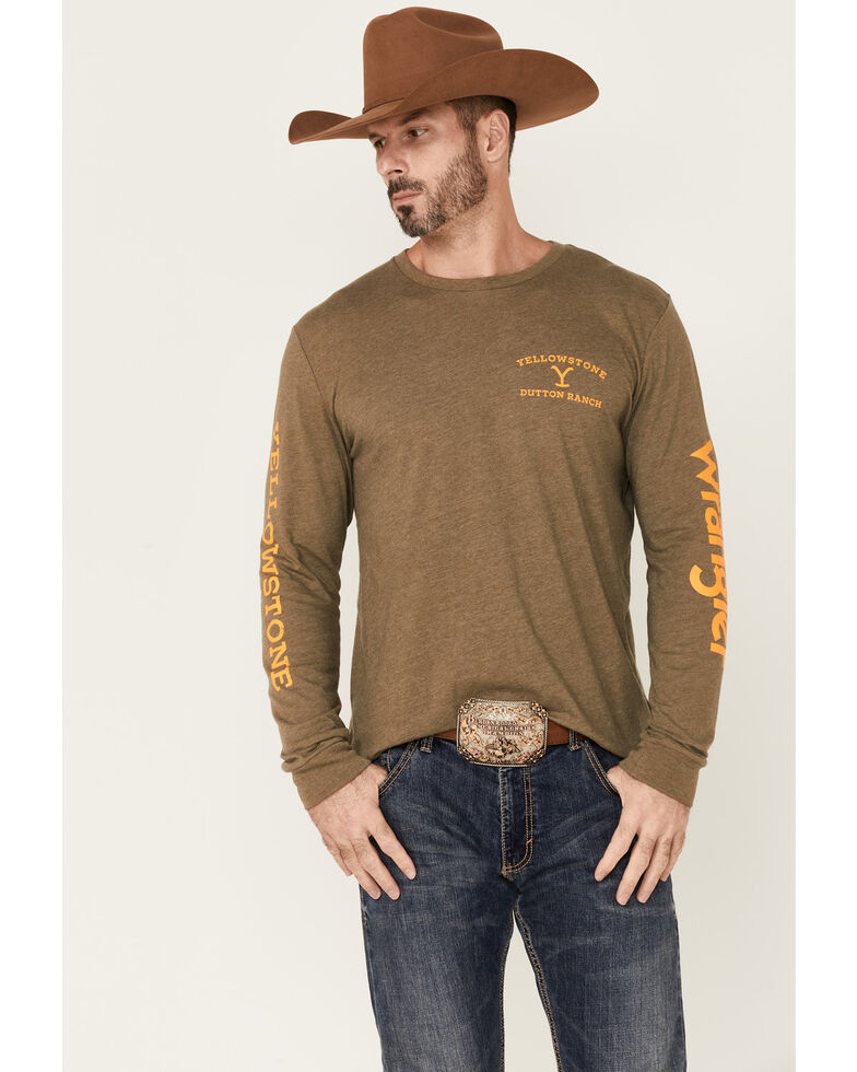 Wrangler Men's Yellowstone Dutton Ranch Logo Long Sleeve T-Shirt - Heather Olive , Olive, hi-res