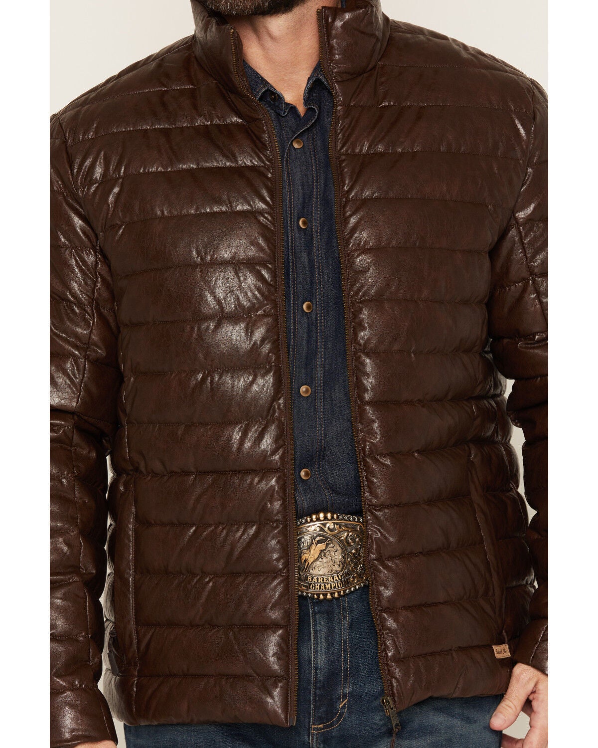 Image #3 - Panhandle Slim Men's Faux Leather Puffer Jacket, Chocolate, hi-res