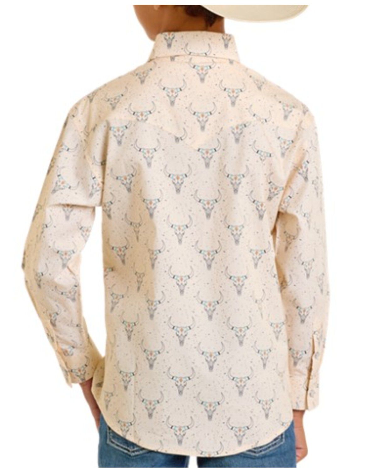 Image #2 - Rock & Roll Denim Boys' Longhorn Print Long Sleeve Snap Western Shirt, Tan, hi-res