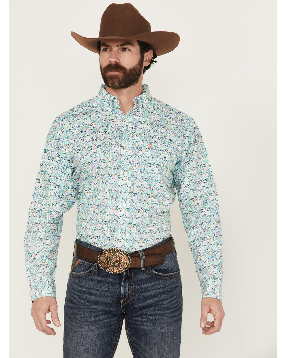 Image #1 - Ariat Men's Jerome Paisley Print Long Sleeve Button-Down Western Shirt, Teal, hi-res