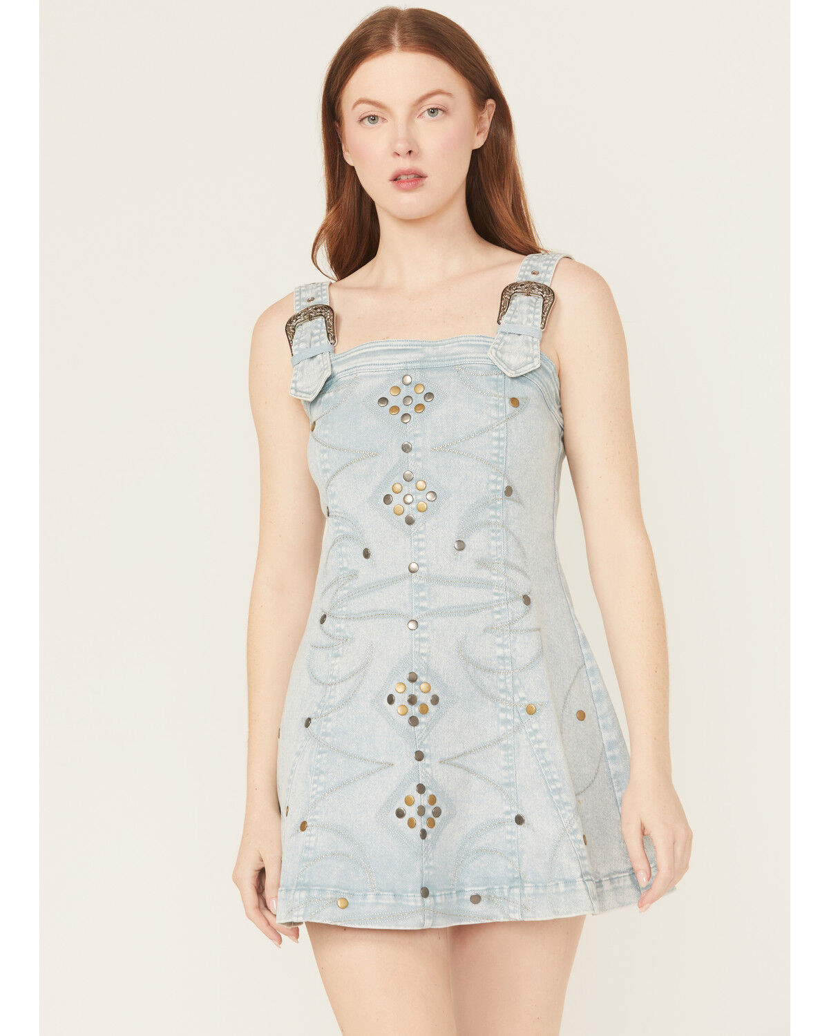 Image #1 - Blue B Women's Light Wash Embellished Buckle Strap Denim Mini Dress, Light Wash, hi-res