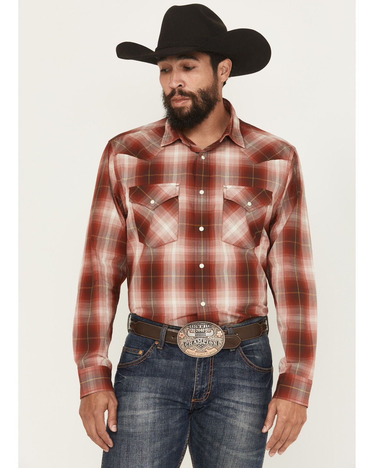 Image #1 - Pendleton Men's Frontier Plaid Print Long Sleeve Snap Western Shirt, Brick Red, hi-res